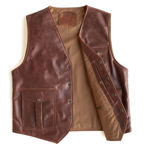 Gilets de moto en cuir brodés avec logo personnalisé, coupe-vent, style vintage, col en V, fermeture à boutons, prix abordable - Product Image 2