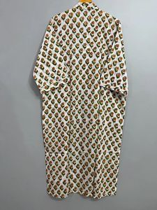 Jaipuri Handmade Cotton Maxi Dressing Gown Floral Block Print Free Size Beach Cover Shower Robe Comfort Casual Dress Natural - Product Image 4