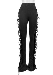 Pantalon en toile taille haute pour femme, nouvelle collection automne, écologique, infroissable, 100 % coton, délavé, avec pompons - Product Image 3