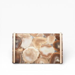 Rectangular Natural Brown Agate Stone Serving Tray with Polished Crystal <b>Mosaic</b> Surface and Elegant Gold Metal Side Handles - Product Image 1