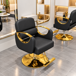 Contemporary <b>Black</b> Faux <b>Leather</b> Reclining Barber <b>Chair</b> Gold Frame Height Adjustable Hydraulic Adjustable Footrest Barber Shop - Product Image 1