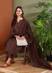 Kurta Droite en Coton à Imprimé Floral pour Femmes avec Pantalon à Bas Élastique et Dupatta Longueur Mollet Col en V Détail Gota Marron - Product Image 5