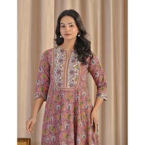 Peach Grey Jaal Hand <b>Block</b> <b>Printed</b> Anarkali Dress Soft Indian Pakistani Salwar Kameez - Product Image 1