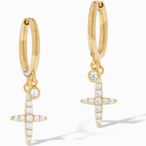 Boucles d'oreilles pendantes en forme de croix en moissanite ronde de 1,40 carat en or jaune - Product Image 1