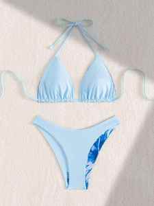 เซ็ตบิกินี่ลายดอกไม้สีฟ้าสำหรับผู้หญิงไซส์พิเศษผ้าสแปนเด็กซ์ผ้าคอ V ลึกตัดสูงผ้าใยสังเคราะห์2ชิ้น - Product Image 3