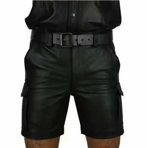 <b>Mens</b> Genuine <b>Leather</b> Solid <b>Shorts</b> Casual Streetwear with Pockets Quick Dry Breathable Adjustable High Waist 2026 - Product Image 1
