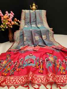 Look élégant Bollywood Design Wedding Wear Saree en soie brute douce avec fabricant de travaux imprimés antiques de Surat - Product Image 5