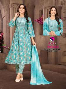 Nayra Cut Rayon Catálogo Impreso Dupatta Trabajo hecho a mano Fancy Kurtis Pant Sequence Readymade Indian & Pakistani Clothing Export - Product Image 6