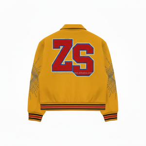 Luxury 450 GSM Wool Varsity Jacket Amarillo con detalles rojos Blue Custom Chenille Logo Bordado Design Varsity Jacket para hombre - Product Image 2