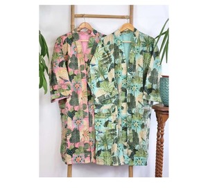 Veste mi-genou réversible en coton Kantha unisexe faite à la main Robe menthe vert pêche forêt tropicale paradis été femmes - Product Image 1