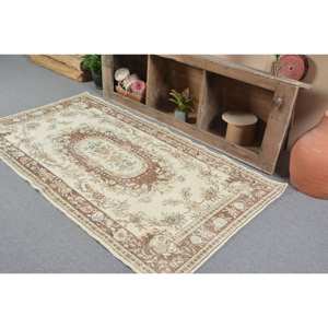 พรมขนแกะสไตล์ตุรกีโบราณสีเบจสีน้ำตาล3.8 x 7ft เย็บปะติดปะต่อกันพื้นที่ขนาดใหญ่สำหรับห้องโถงห้องนอนยางสี่เหลี่ยมห้องข้างเตียง - Product Image 4