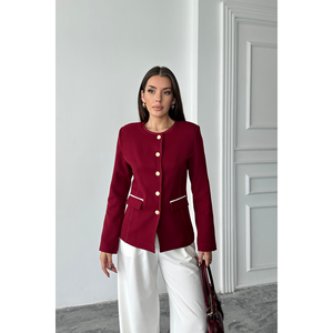 Veste col rond bordeaux avec détail de passepoil sur les poches pour femme, blazers élégants - Product Image 2