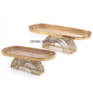 Lot de 2 plateaux de service en métal plaqué or de qualité supérieure en forme de rectangle avec couvercle supérieur en acrylique du fournisseur indien - Product Image 2