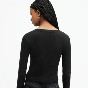 Women's <b>Black</b> <b>Cropped</b> Long <b>Sleeve</b> Knitted <b>Top</b> Scoop Neck Button Detail Slim Fit Casual Style All Seasons - Product Image 5