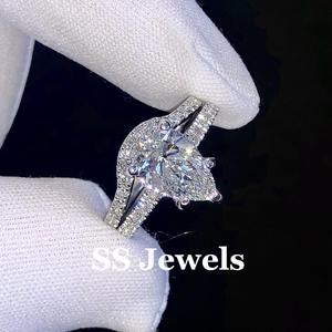 แหวนหมั้นเพชรโมอิส VVS1สำหรับผู้หญิงมีง่ามตัดลูกแพร์925ชุบโรเดียมสีเงินสำหรับงานแต่งงาน - Product Image 2