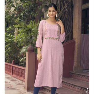 Heavy Rayon Quick Dry Casual Kurti for Office College Girls <b>Light</b> Weight Handwork Thread <b>Work</b> Indian Pakistani Clothing All - Product Image 1