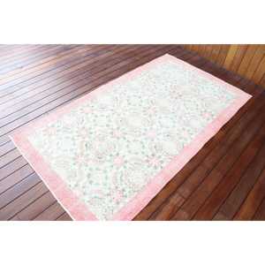 Turkish <b>Vintage</b> <b>Rug</b> 3.5x6.6 ft (108x200 cm), Pink Abstract Wool <b>Rug</b> - Product Image 2