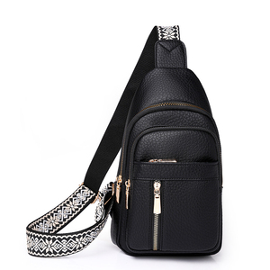 Bolso de pecho de microfibra negro con correa ajustable estampada, cierre de cremallera, diseño informal para uso diario - Product Image 1