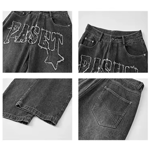 Jeans pour hommes délavés à l'acide avec logo personnalisé pantalon en denim large en coton respirant Style décontracté devant plat broderie patch Logo - Product Image 3