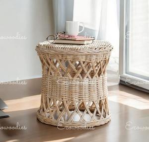 Mobilier de salon personnalisé tabouret de table rond en bambou tressé table d'appoint en rotin console de jardin patio restaurant incrustation d'os - Product Image 1