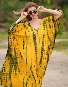 ชุดเดรสยาวผ้าคาฟตันสำหรับผู้หญิงใส่ไปทะเลคอวีย้อมสีสำหรับฤดูร้อน - Product Image 2