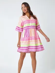 V-Weaving Texture Indian Handcrafted Summer Casual and Resort, Beach Wear Vestido corto para mujeres Cuello en V, Vestido corto de manga de campana - Product Image 5