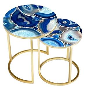 Nesting Round Coffee Table Set of <strong>2</strong> Stacking Side Tables Marble <strong>Pattern</strong> Wooden Tabletop with Golden Metal Frame - Product Image 1