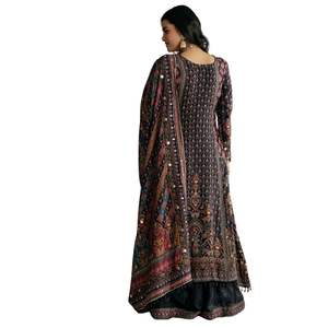 Negro Tabby seda Zari bordado Kurta Palazzo traje con estampado Dupatta mujeres al por mayor étnico OEM fábrica proveedor a granel - Product Image 5