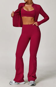 Conjunto de Yoga de Tres Piezas para Mujer: Chaqueta con Cremallera Completa, Sujetador Deportivo con Cuello en V y Pantalones de Pierna Ancha con Efecto Levanta Glúteos, con Logotipo Personalizable en la Cintura - Product Image 3