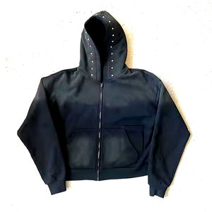 Sudadera con capucha extragrande desgastada con lavado ácido personalizada para hombre para el invierno con apliques de diamantes de imitación y Patchwork Boxy Fit - Product Image 3