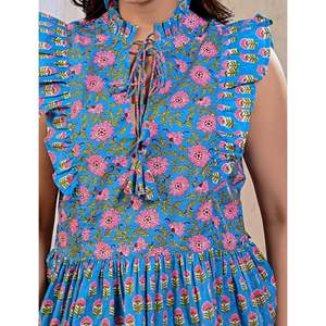 Blue Jaal Bohemian Floral Print <b>Top</b> for Women Embroidery Lace Decorated Long Cotton Poplin Knitted <b>Top</b> XL 4XL for Office Wear - Product Image 2