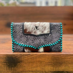 Cartera de cuero con cordones turquesa para mujer, Cartera de cuero genuino de piel de vaca a mano, Cartera de cuero occidental para tarjetas de crédito - Product Image 2