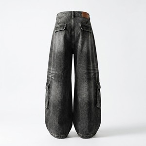 <b>Men's</b> High Street Asymmetrical Washed Canvas <b>Jeans</b> 700g Lightweight Cargo Pants Oversized Wide Leg Baggy Grunge Casual Trousers - Product Image 3