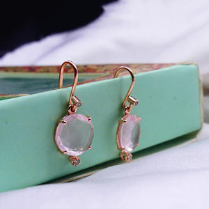 Traditional 14K Rose Gold Rose Quartz Gemstone Affordable <b>Cheap</b> Everyday Wear Diamond Women Earrings - Product Image 4