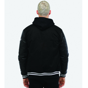 SINEWY SPORTS <b>Men's</b> Black Varsity <b>Jacket</b> PU Leather Sleeves Chenille Patch Embroidery Snap Button Closure Streetwear Autumn Wear - Product Image 4