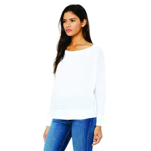 Relaxed Drapey Fit Rib Cuffs 65% Poly 35% Cotton 32 Single 3.7 oz White Womens Flowy Long Sleeve Off Shoulder T-Shirt