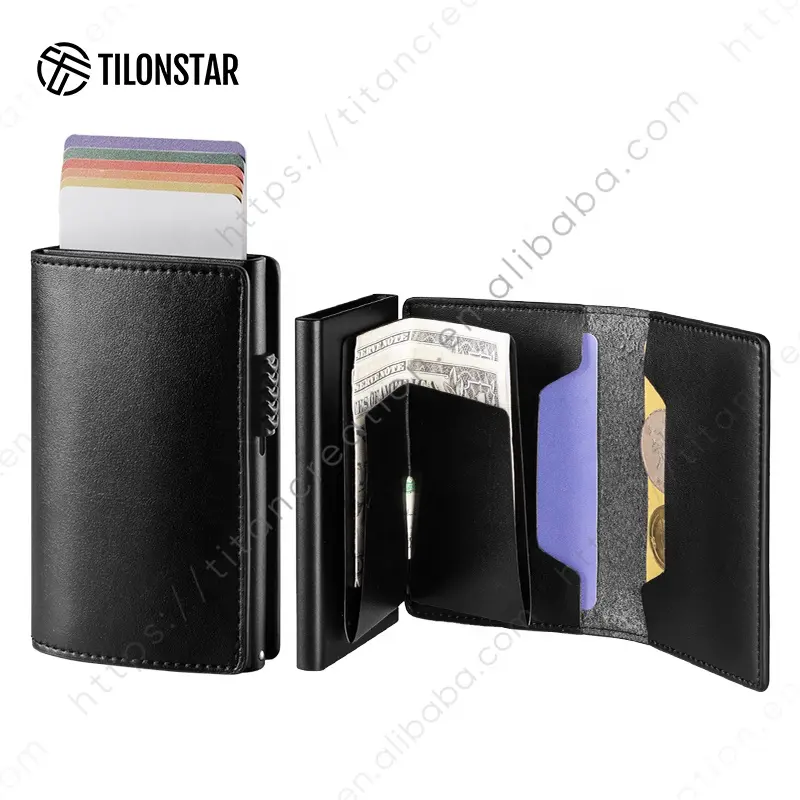 TILONSTAR TG305M Hot Sell Durable Rfid Aluminum Business Id Credit Card Holder Leather Pop Up Card Wallet