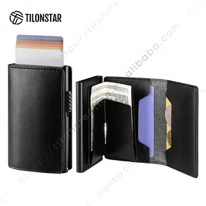 TILONSTAR dompet kartu kredit TG305M, dompet kartu kredit Id Bisnis aluminium Rfid tahan lama, dompet kartu Pop Up kulit