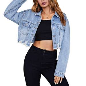 Chaqueta vaquera recortada desgastada para mujer Chaquetas vaqueras ajustadas y de gran tamaño con mangas largas, chaqueta vaquera de moda vintage - Product Image 3