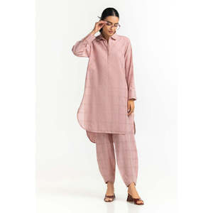 Ensemble coordonné teint en fil IPST-44613 100% Coton Rose Coupe décontractée pour femme Tenue de travail Été - Product Image 1