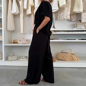 Chic verano elegante señora traje nuevo Casual cuello redondo deporte chándal con bolsillo pantalones Color sólido manga corta Tops activos Bottoms - Product Image 5