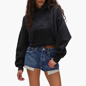 Sudadera recortada de alta calidad, Diseño de manga en contraste, mezcla de algodón suave con capucha, estilo informal de invierno, bolsillo frontal, longitud corta - Product Image 1