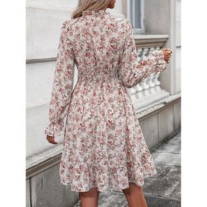 Abito Floreale a Maniche Lunghe con Scollo Incrociato, Orlo Arricciato, Vita Elasticizzata, Cerniera, Drappeggiato, Traspirante, Elegante, di Tendenza, per il Tempo Libero e le Vacanze, Taglia XL - Product Image 2
