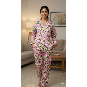 ชุดนอนผู้หญิงลายดอกไม้สไตล์ชัยปุรี ผ้าทอผสมสแปนเด็กซ์ เอวยางยืด ติดกระดุม ปรับแต่งโลโก้ได้ เนื้อผ้านุ่ม สวมใส่สบายในฤดูใบไม้ผลิ - Product Image 1