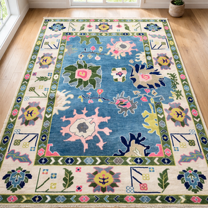 Alfombra Tradicional Oushak Anudada a Mano, Azul Cielo y Verde, Geométrica, Multitamaño, Lana/Seda, Antideslizante, Hecha a Mano, para Corredor, Oración, Picnic - Product Image 2