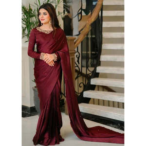 Elegante Saree de Satén Color Granate para Bodas y Fiestas, Silueta Ajustada - Product Image 1