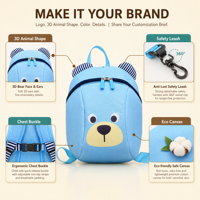 Sac à dos anti-perte en toile durable à thème ours pour enfants de 1 à 3 ans, motif visage d'ours, idéal pour garçons et filles de maternelle