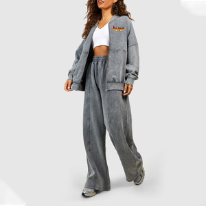 OEM/ODM Custom Printed Logo 3 Piece Acid wash Women Jogger Sets High Quality 100% Cotton Oversize Crop top Women's Tracksuit - Product Image 5
