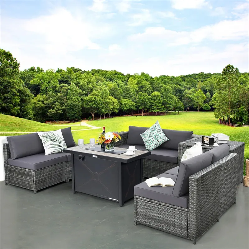 Hotel Outdoor 9-Sitzer U-Form Sofa Set bequeme Pe Rattan wasserdichte Gartenmöbel mit Feuert isch