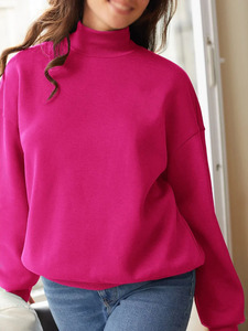 Sudadera Rosa de Cuello Alto con Felpa para Mujer, Corte Holgado, Hombros Caídos, Color Sólido, Ropa de Invierno, Suministro al por Mayor - Product Image 5